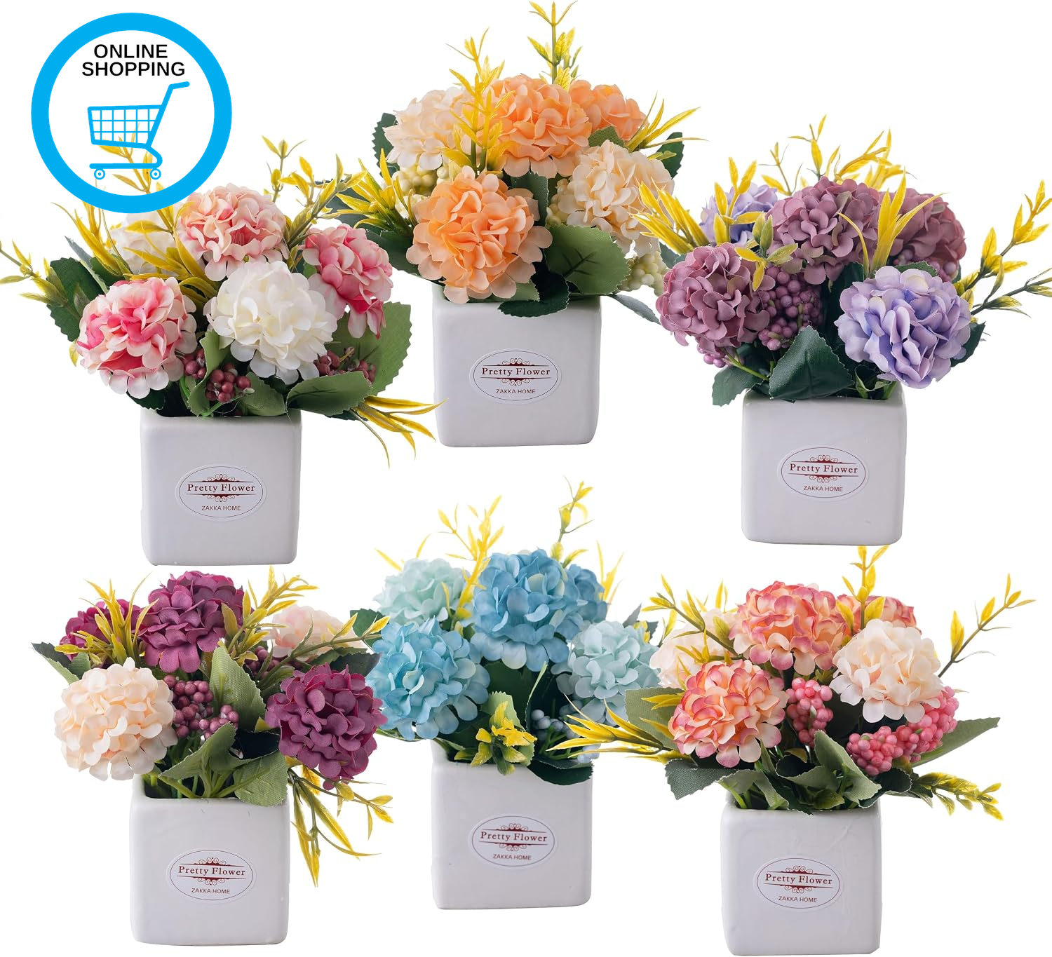 6Pcs Artificial Flowers with Ceramic Pot Small Fake Hydrangea Arrangements Faux