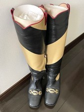 GUCCI Long With Side Zipper Leather Boots Size:36/JP:23 Beige/Black 144311K Auth