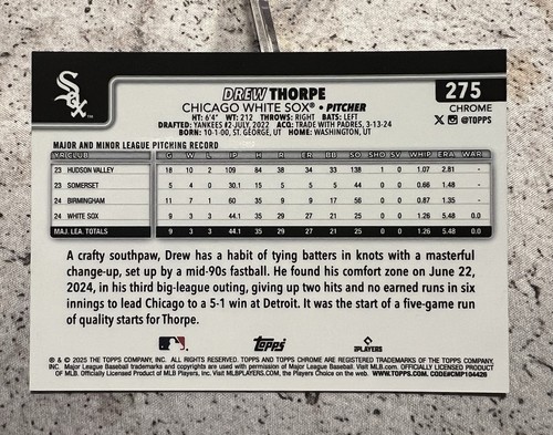 Drew Thorpe 2025 Topps Chrome RC #275 Black Raywave Refractor SP /10 WHITE SOX - Picture 6 of 7