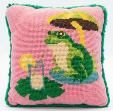 NEEDLEPOINT PILLOW: Vintage Frog Toad Lemonade Mushroom Kitsch Handmade Cushion