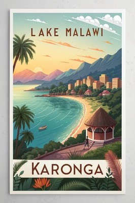 Exotisches Karonga Malawi Reise Poster - Afrikanische Stadt am See Kunstdruck A1-A4 Post