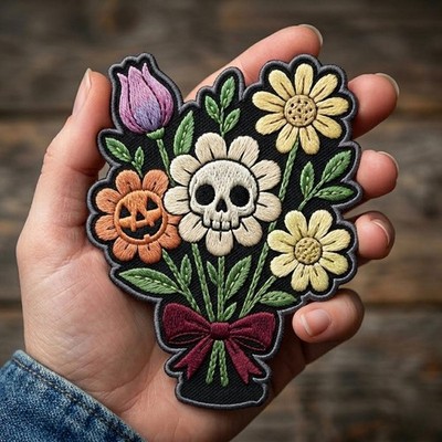 Embroidered Skull Pumpkin Patch, Halloween Gothic Flower Iron On Patch
