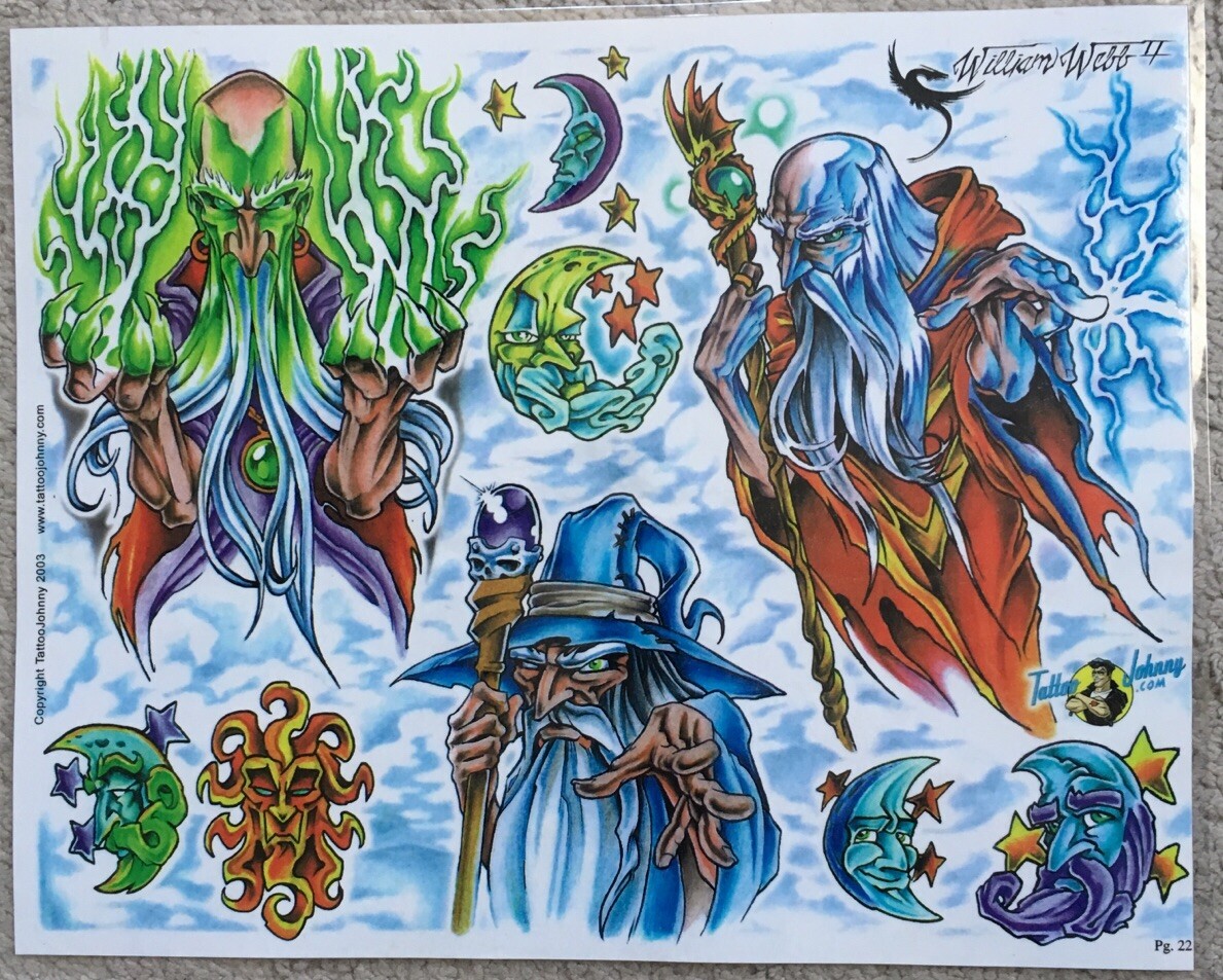 Tattoo Flash Single Sheet Print by William Webb Wizards Merlin