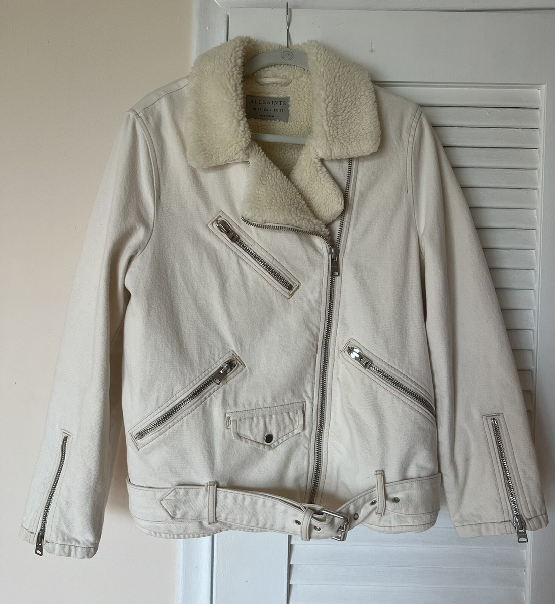 ALLSAINTS Women's Natural White Faux Sherpa Lining Denim Biker