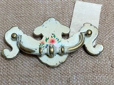 Vintage Brass Enamel Drawer Pull/ Knob Painted Decal Floral French Provincial