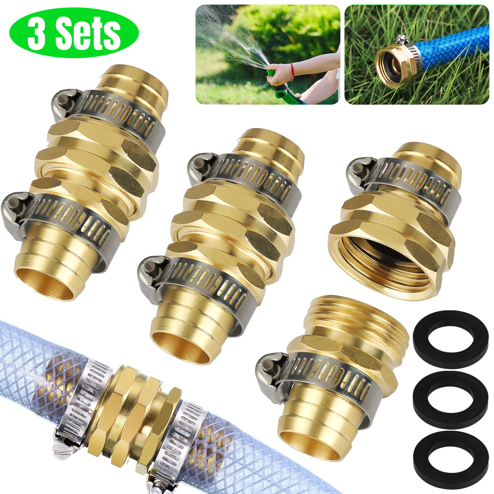 Brass Garden Hose Connector with Stainless Steel Clamps, Male and Female  Garden Hose Fittings, 3/4 inch, 3 Sets - U.S. Solid