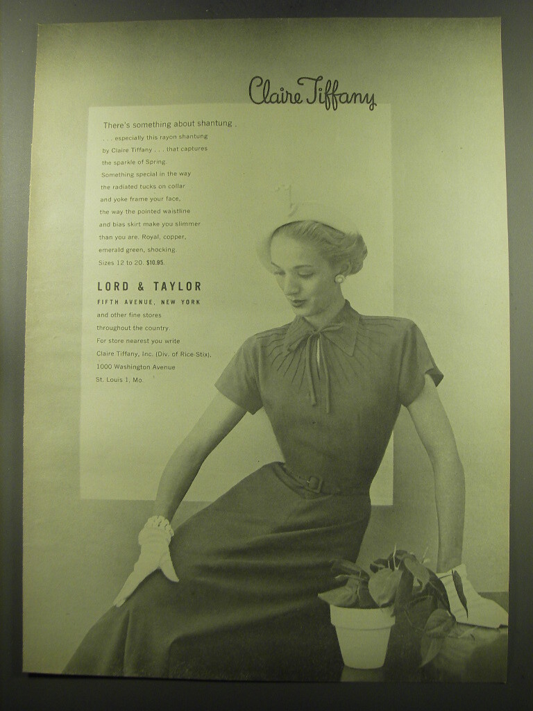 1949 Lord & Taylor Claire Tiffany Dress Ad - There's something about shantung 1949 Lord & Taylor Claire Tiffany Dress Ad - There's something about shantung