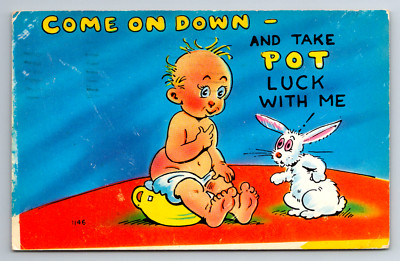Bunny With Baby On Potty Come On Down & Take Pot Luck With Me Funny Vtg Postcard
