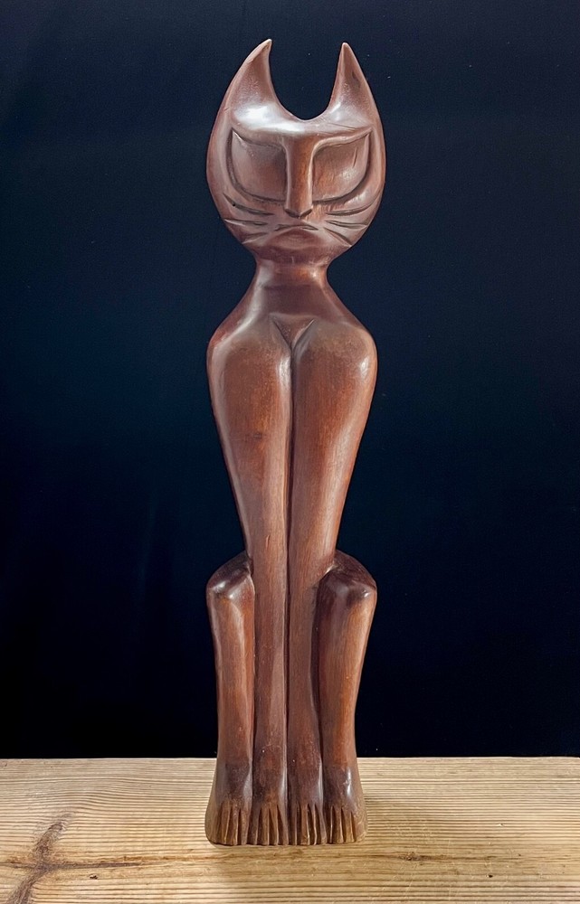 Vintage Mid Century Hand Carved Teak Wood Siamese Cat Large Sculpture MCM 18”