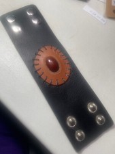 Leather Bracelet WIDE 2.5" Black with stone Snap 2 different sizes