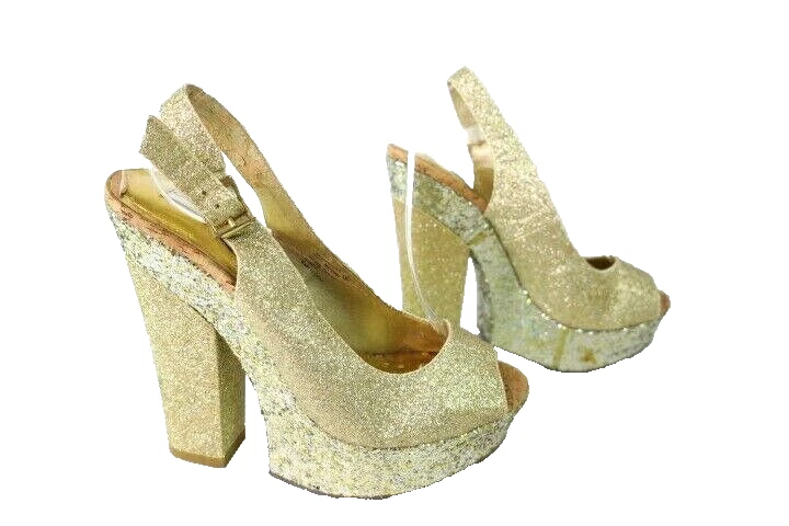 Naughty Monkey Oro Brillo Grueso Tacón Metálico Eslinga 8 Tacones Plataforma Año Nuevo Foto 2 de 4