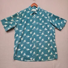 Impact Mens Green Button Up Short Sleeve Shirt with Sailboats Size 2XL