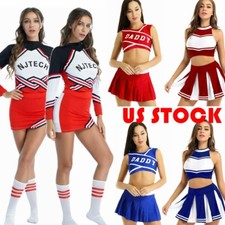Women Girls Cheer Leader Costume Uniform Crop Top with Mini Pleated Skirt Outfit