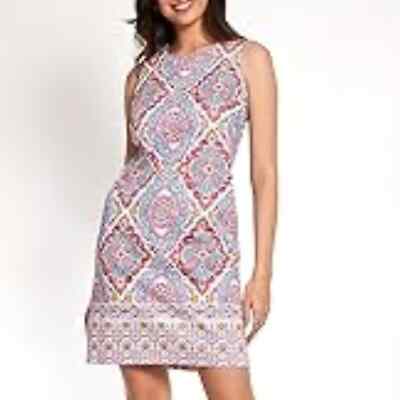 london times cotton shift dress LONDON TIMES size 8 women's shift dress cotton bright pink blue vacation zips up