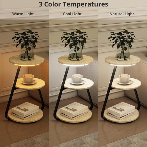 Oak LED Side Table Set – 3-Tier Bedside Coffee Tables with Storage - Picture 5 of 12