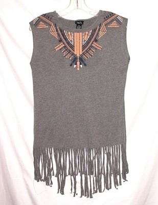 Rue 21 Fringe Top Womens Sz M Tribal Embroidered Gray Orange Sleeveless Boho Y2K