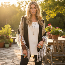 NEW Black Beige Knit Shawl Wrap Boho Indie Artsy Festival Cottage Hippie Chic