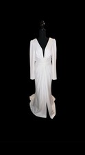 NWT Lulus White Maxi Dress Plunging Neckline Draped Long Sleeve - Size L 