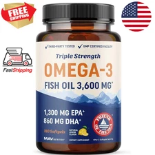 Triple Strength Omega 3 Fish Oil 3600mg EPA & DHA Over 2100mg Omega3 Fatty 180ct