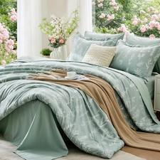 Queen Comforter Set 7 Pieces, Sage Green Bed in a Bag Queen Reversible Botani...