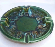 VTG MCM Ceramic Pottery Ashtray Green/Brown/White Drip Glaze  USA Signed 8"