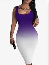Sleeveless Purple White Ombre Bodycon Knee Dress Scoop Neck Women Size L