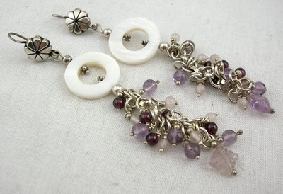 VINTAGE SILBER OHRRINGE AMETHYST GRANAT ROSENQUARZ PERLMUTT