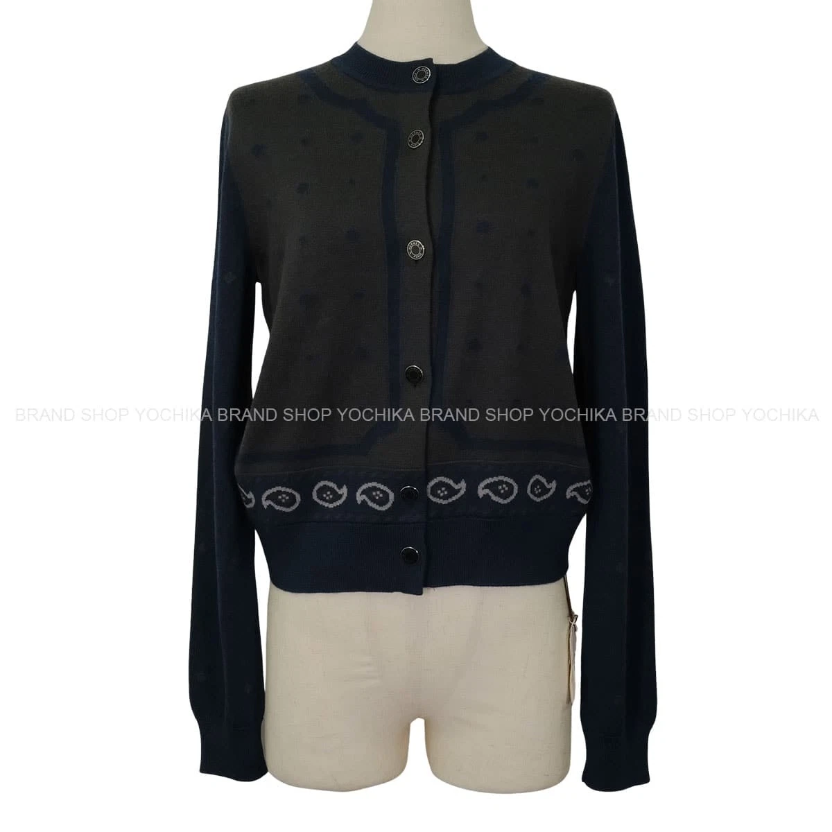 Hermes — HERMES Women’s Serie Button Dot HARNAIS DE COUR Navy Charcoal Cashmere/Sil...
