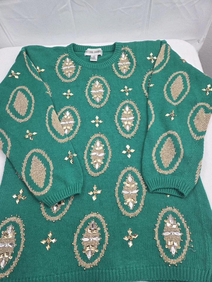 Victoria Harbour 绿色拉米/棉亮片针织女式假日毛衣 M 码 — 第 3/4 张图片