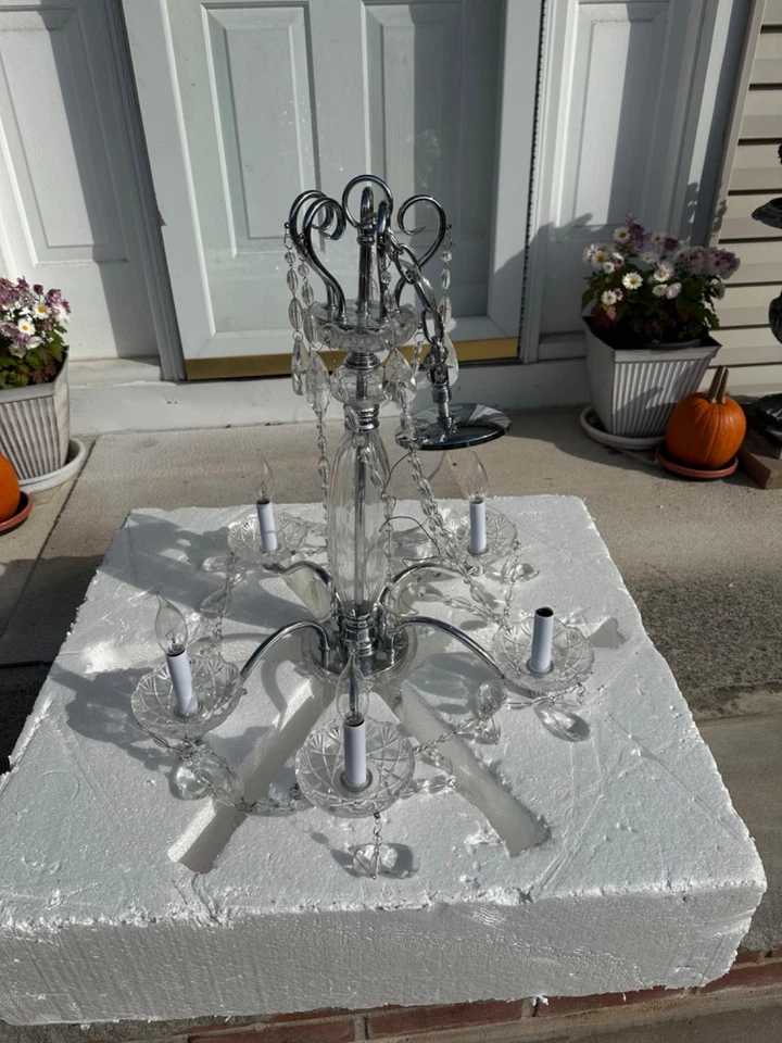 LUSTRE DE VELA DE CRISTAL E CROMO LARGO 24" - 5 BRAÇOS - 29" DE ALTURA COMPLETO E PRONTO - Imagem 2 de 3