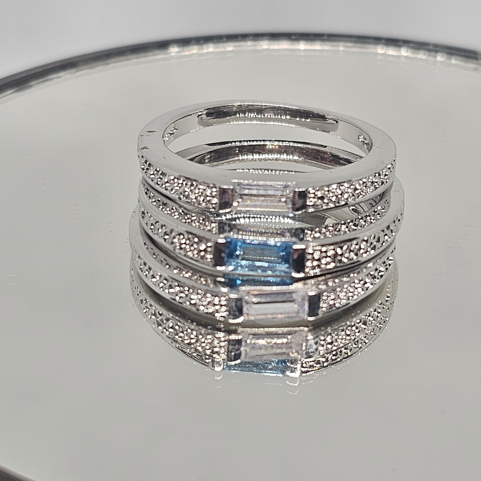 Triple Stack Ring Set Silver Tone Clear Blue Emer… - image 5