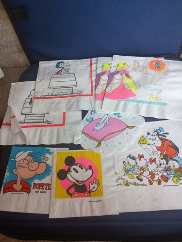 Vintage Cartoon Paper Napkins 1970s Lot Of 8 Snoopy Popeye Cinderella Pluto