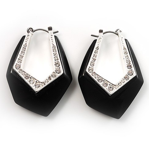 Black Plastic Crystal Hoop Earrings - Picture 6 of 6