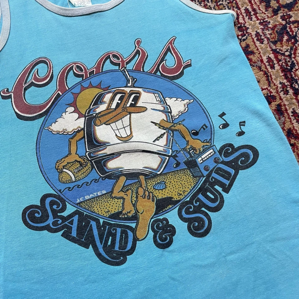 Camiseta sin mangas Coors Sand and Suds de colección verdadera acanalada azul verdoso timbre playa surf EE. UU. Foto 2 de 4