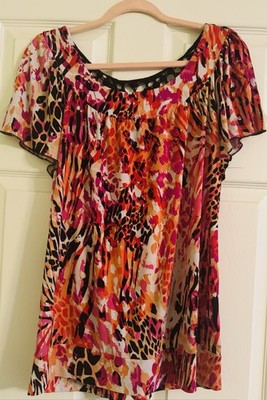 AGB XL Animal Print Crochet Neck Flutter Sleeve Multicolor Chiffon Blouse