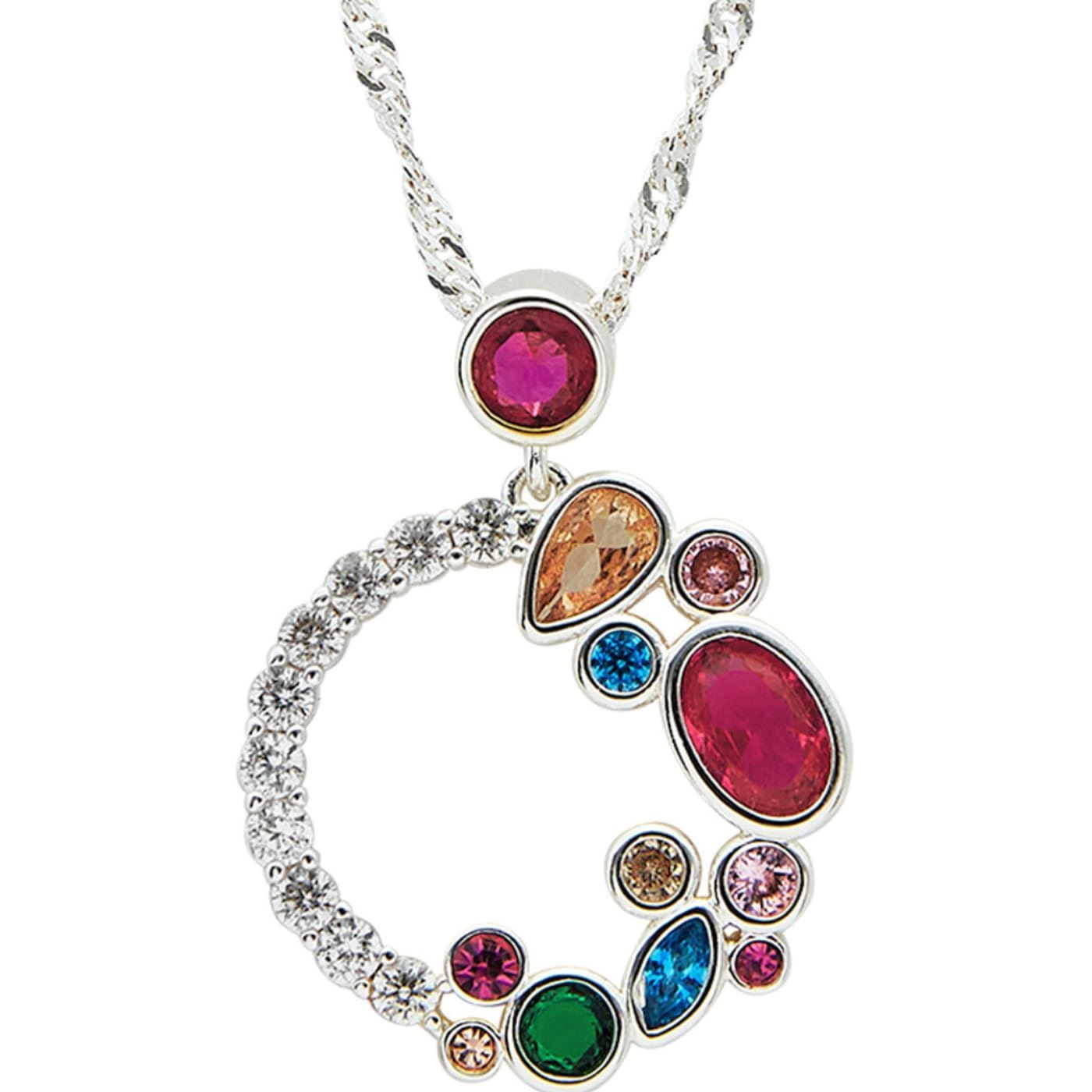 equilibrium Glam Rox Multicolour CZ Ring Pendant Necklace Silver Plated
