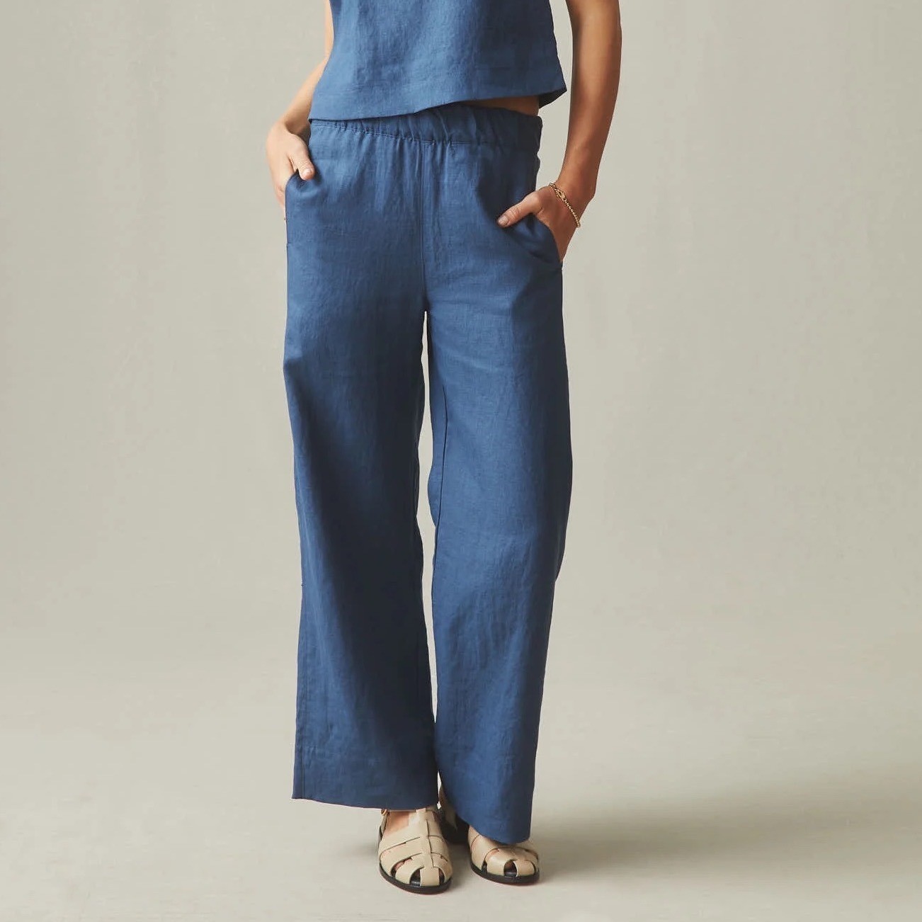 American Giant Linen Wide Leg Pants Navy Blue Elastic Waist Size M