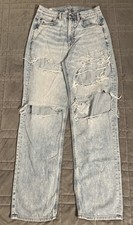 American Eagle Women  s Highest Rise Baggy Distressed Jeans Sz 8 Light Blue Wash