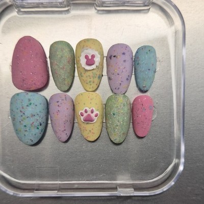 Multicolor Bunny Paw Spring Matte 3D Almond Press-On Nails Medium Full Cover Set