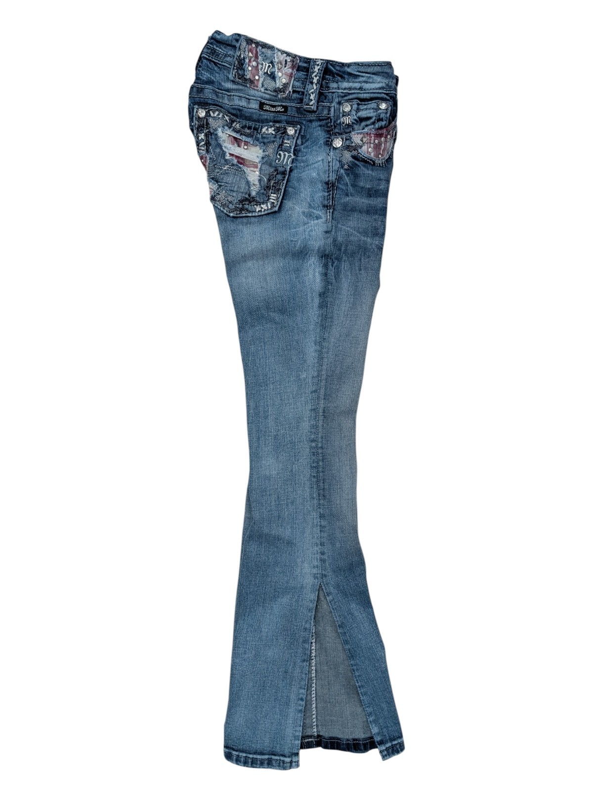 Miss Me Standard Boot Side Slit Embellished Jeans 25 Plaid Distressed Y2K Medium image 4