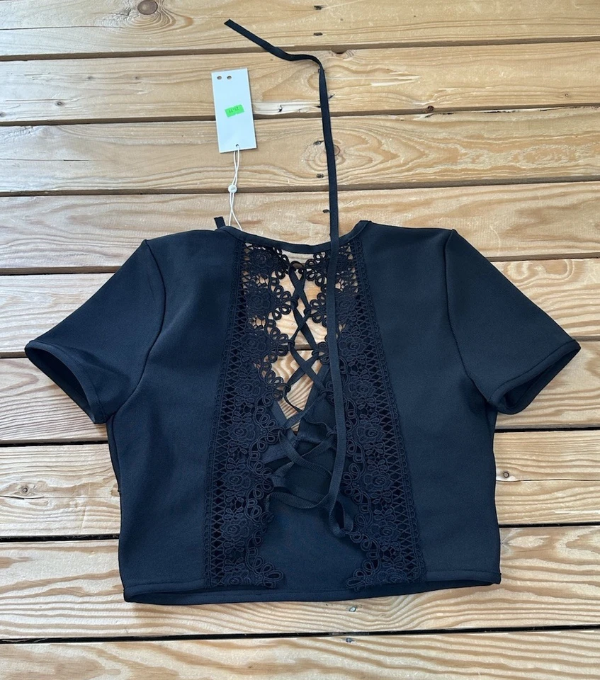 Top corto WOW Couture nuevo con etiquetas para mujer con encaje trasero talla M negro C9 Foto 2 de 4