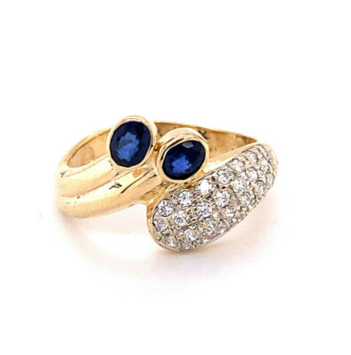 0.74tcw Natural Sapphire 14k Yellow Gold Bypass Dinner Ring w/ Pave Set CZ
