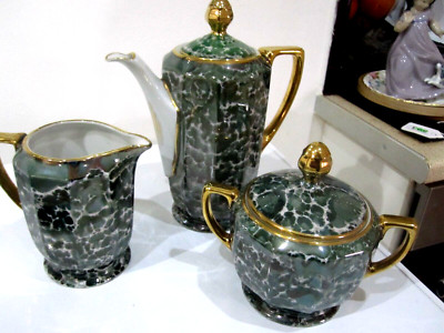 SCHÖNE TSCHECHISCHE GRÜNE MARMOR-EFFEKT, KAFFEEKANNE SET, GOLD VERGOLDETE VERKLEIDUNG, UNBENUTZTER ZUSTAND
