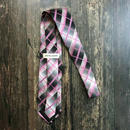 PIERRE CARDIN Diagonal Plaid Neck Tie Cravat Polyester Modern Pink Gray Ombre - Picture 3 of 8