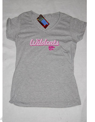 Womens Tee Shirt GRAY Pink K-STATE WILDCATS M 8-10 POWERCAT V Neck CAP SLEEVE