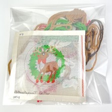 2 Vintage Handpainted Needlepoint Cellar Canvas Christmas Bear  Reindeer w Yarn