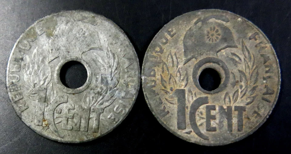 French Indochina 1940 & 1941, 1 Cent Zinc Coin, 11 Petals KM 24.3 Lot of 2 Coins - Image 2 of 2