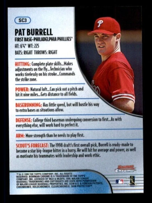 1999 Bowman Chrome Scout's Choice #SC3 Pat Burrell. - Image 2 of 2