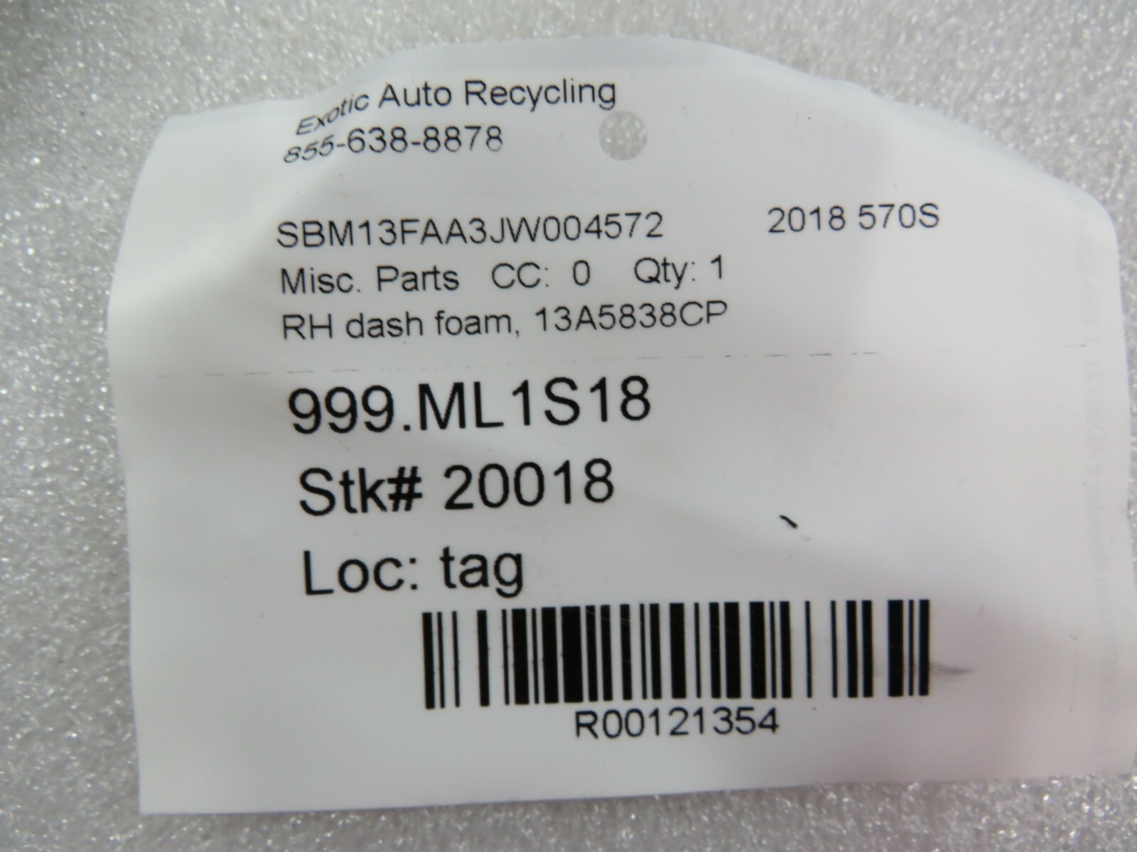 McLaren 570s, RH, Right Upper Dash Foam, Used, P/N 13A5838CP