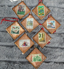 Handmade Post Stamp Copper Foil Solder Stained Beveled Glass Ornament Set Of 8